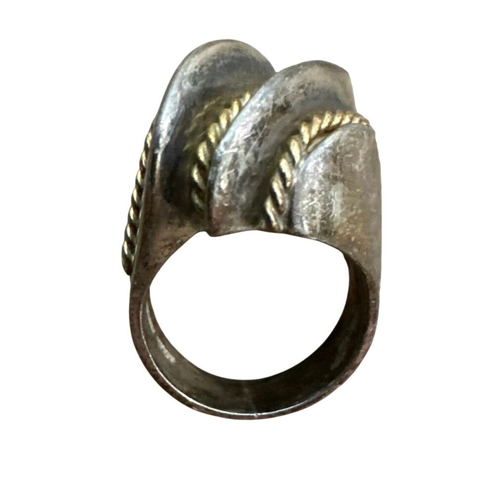 MAZ Vintage Sterling Silver? & 14k Braided Yellow Gold Chunky Cocktail Ring Sz 6